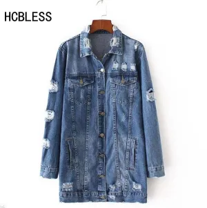 2017 Denim Jackets Women Hole Boyfriend Style Long Sleeve Vintage Jean jacket Denim jacket Loose Spring Autumn Denim Coat Jean