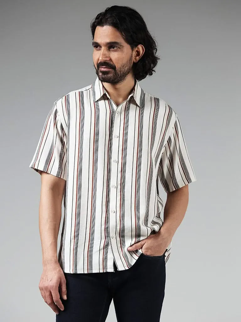 Ascot Beige Striped Relaxed-Fit Blended Linen Shirt