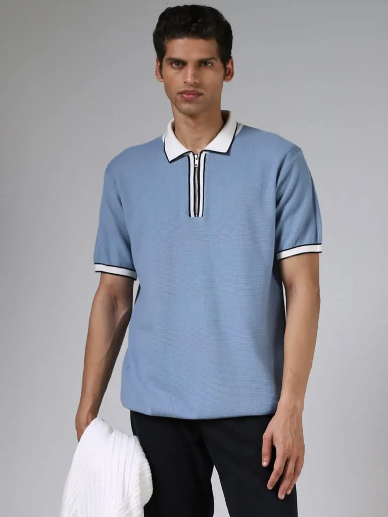 Ascot Cornflower Blue Textured Relaxed-Fit Polo T-Shirt