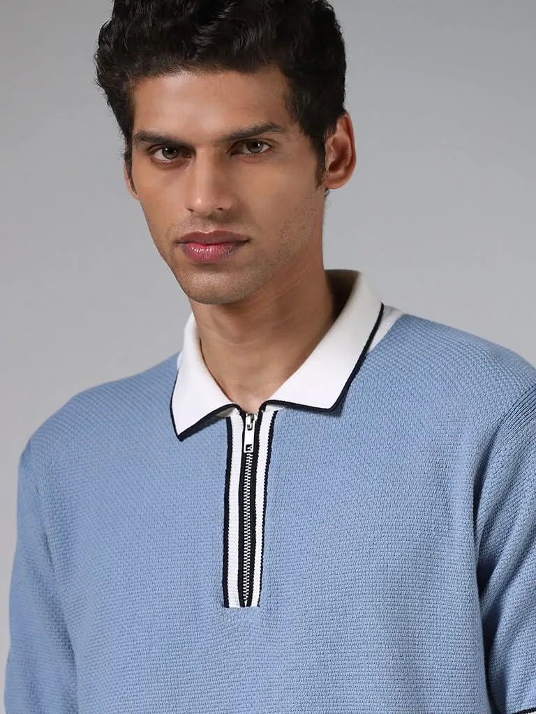 Ascot Cornflower Blue Textured Relaxed-Fit Polo T-Shirt