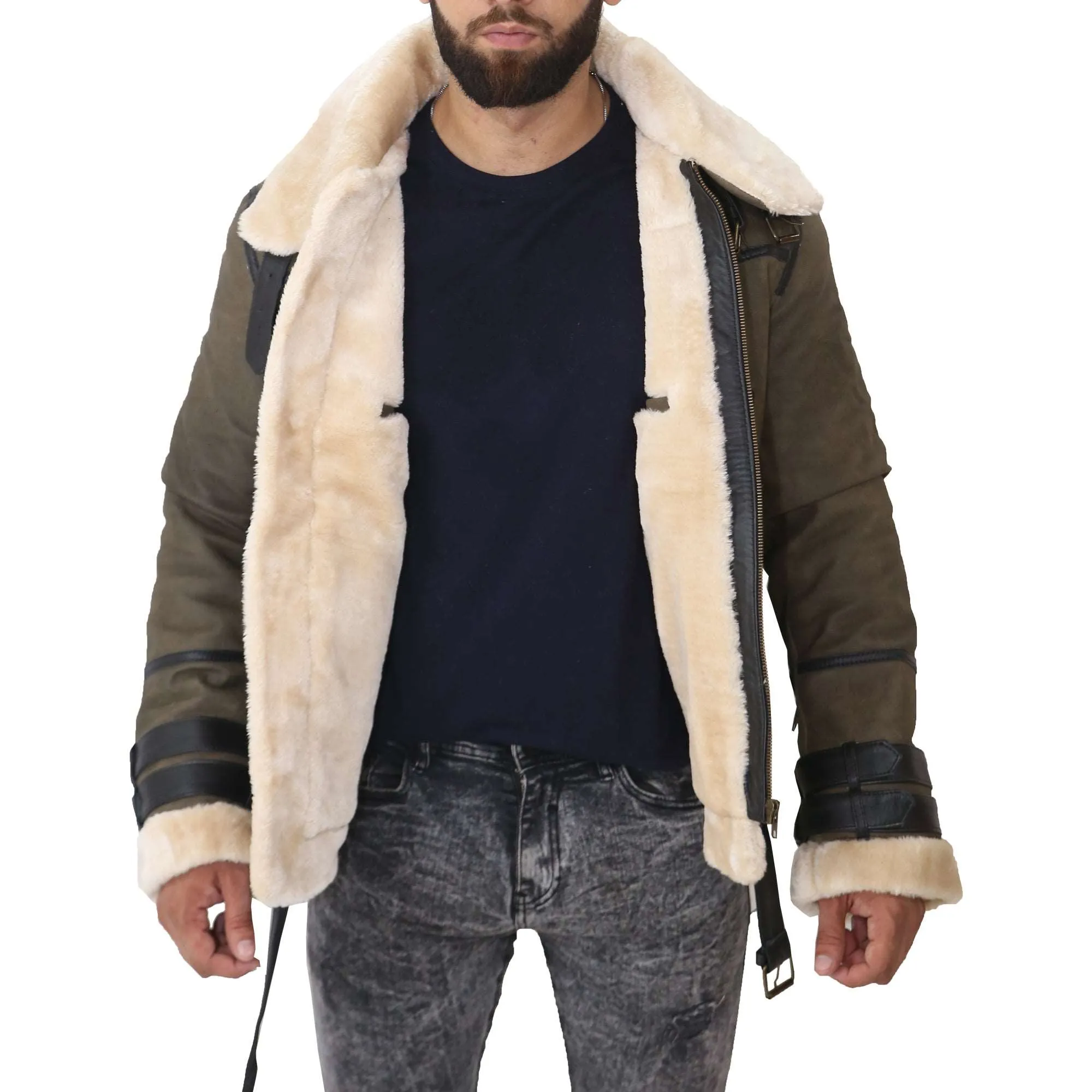 B3 Bomber Men's Real Shearling Green Winter Leather Jacket