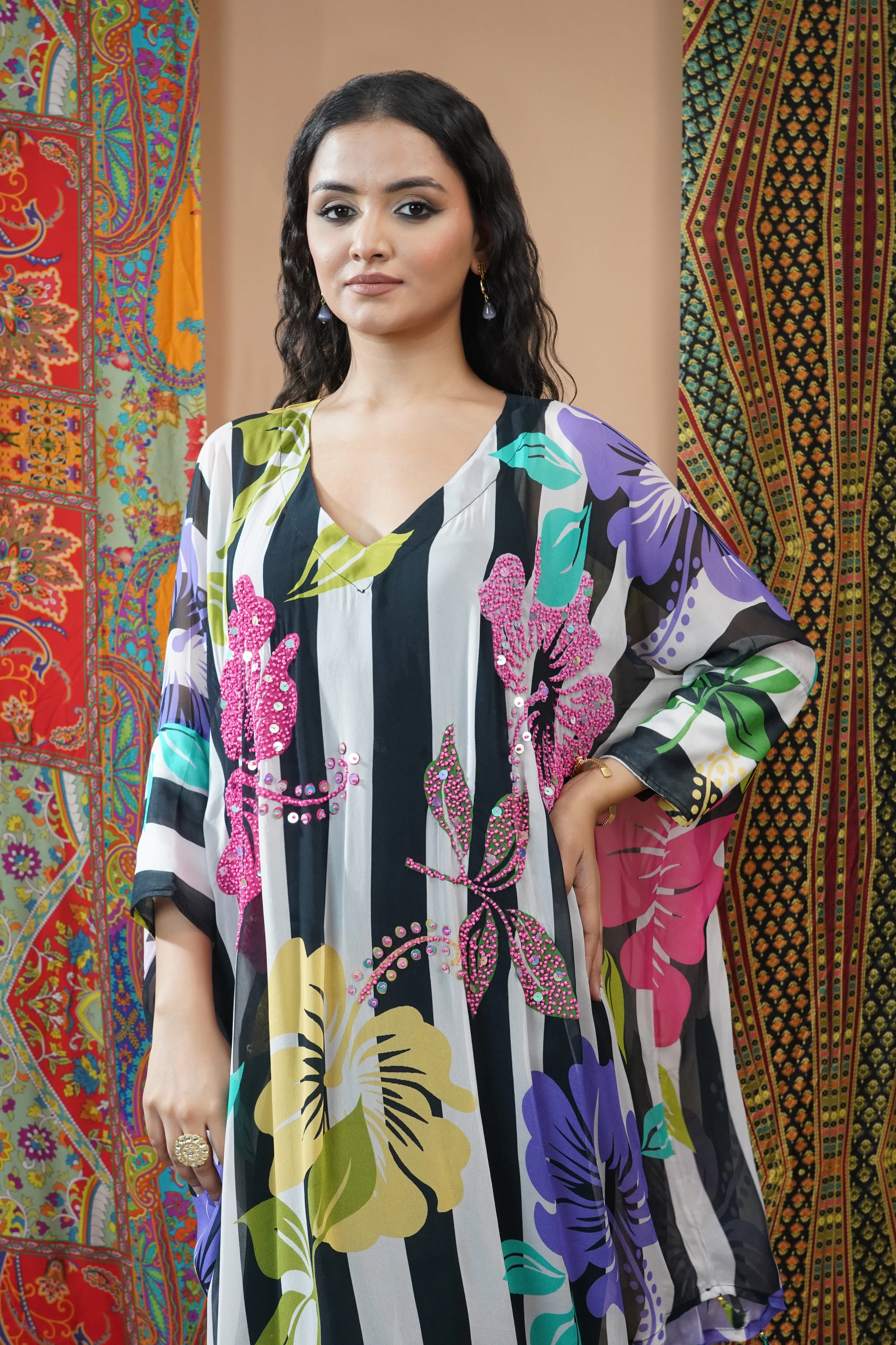 Black Floral Printed Crepe Silk Kaftan Set