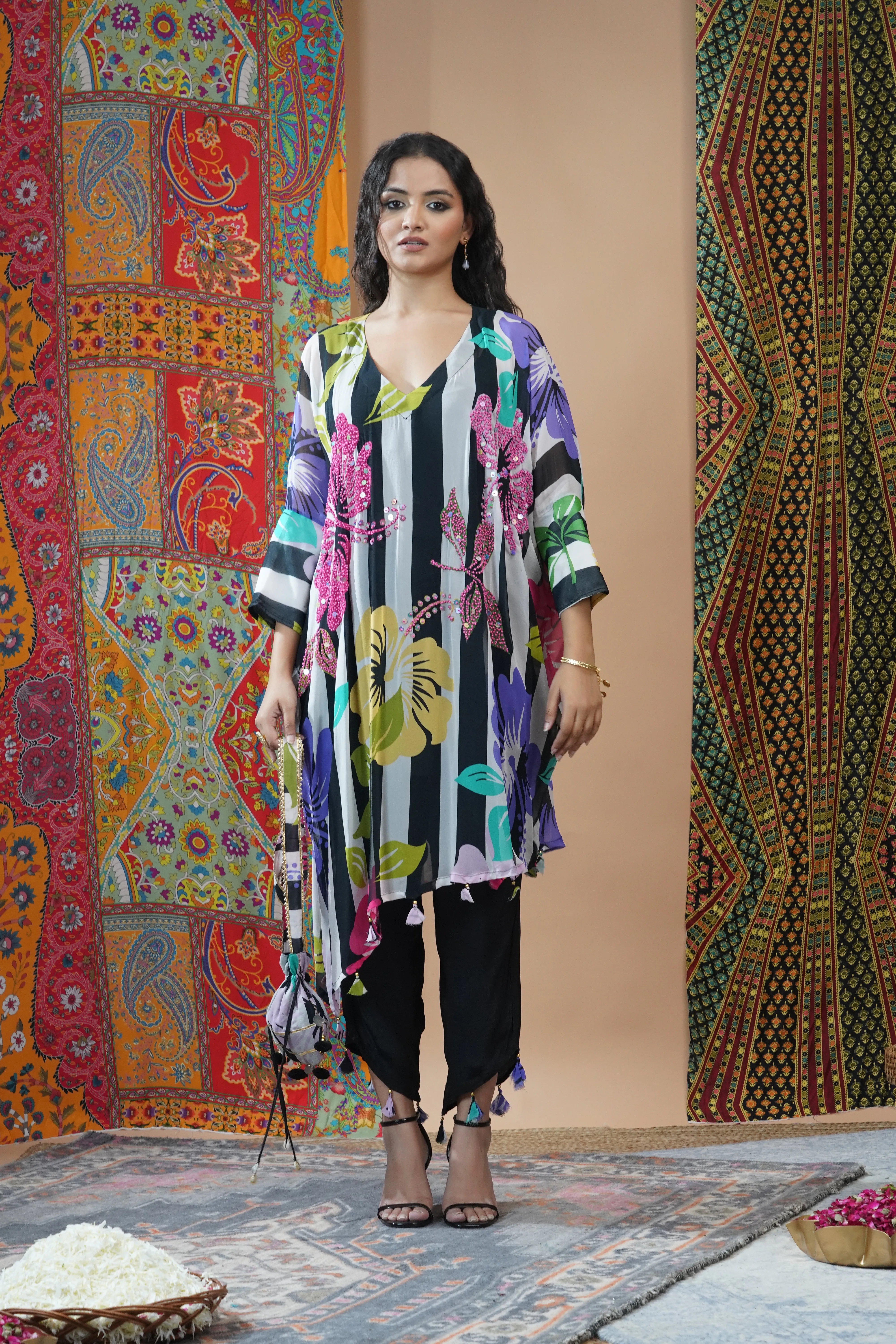 Black Floral Printed Crepe Silk Kaftan Set