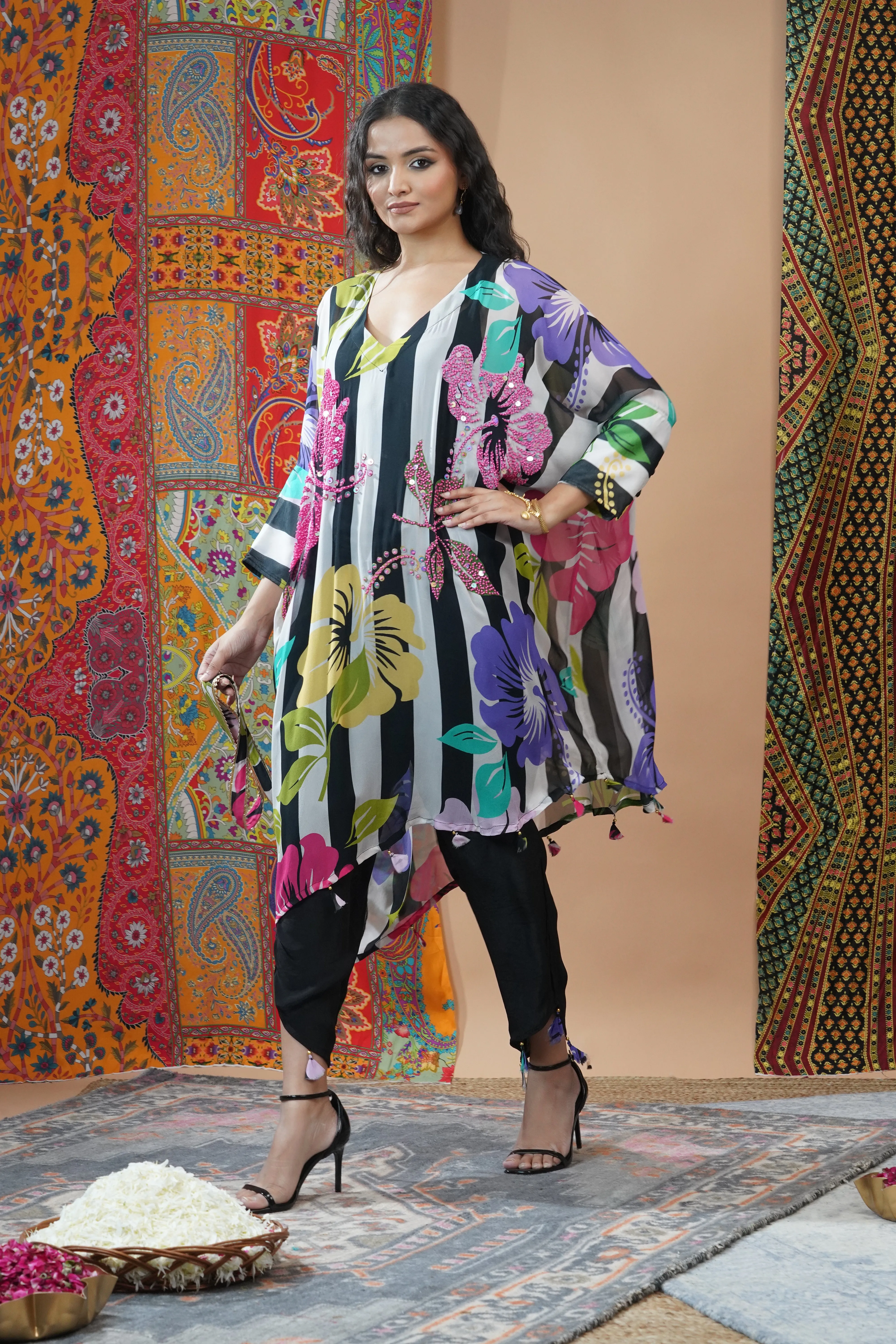 Black Floral Printed Crepe Silk Kaftan Set