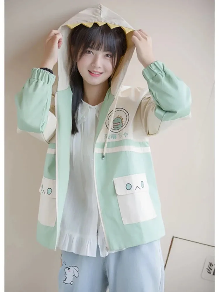 Cartoon Dinosaur Embroidery Hooded Jackets Autumn Long Sleeve Kawaii Cute Zipper Coats Casual Loose Harakuju Outwears