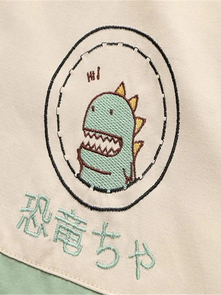 Cartoon Dinosaur Embroidery Hooded Jackets Autumn Long Sleeve Kawaii Cute Zipper Coats Casual Loose Harakuju Outwears