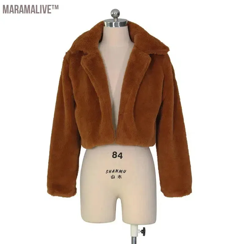 Casual Women Faux Fur Coats Long Sleeve Furry Cropped Jacket Open Stitch Fluffy Overcoat Plus Size XXL Outdoor Wear