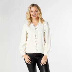 Chloe V-Neck Blouse with Studs - Cement