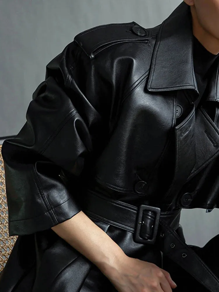 Extra Long Oversized Black Faux Leather Long Sleeve Belt Double Breasted Loose Fashion Stylish Coat