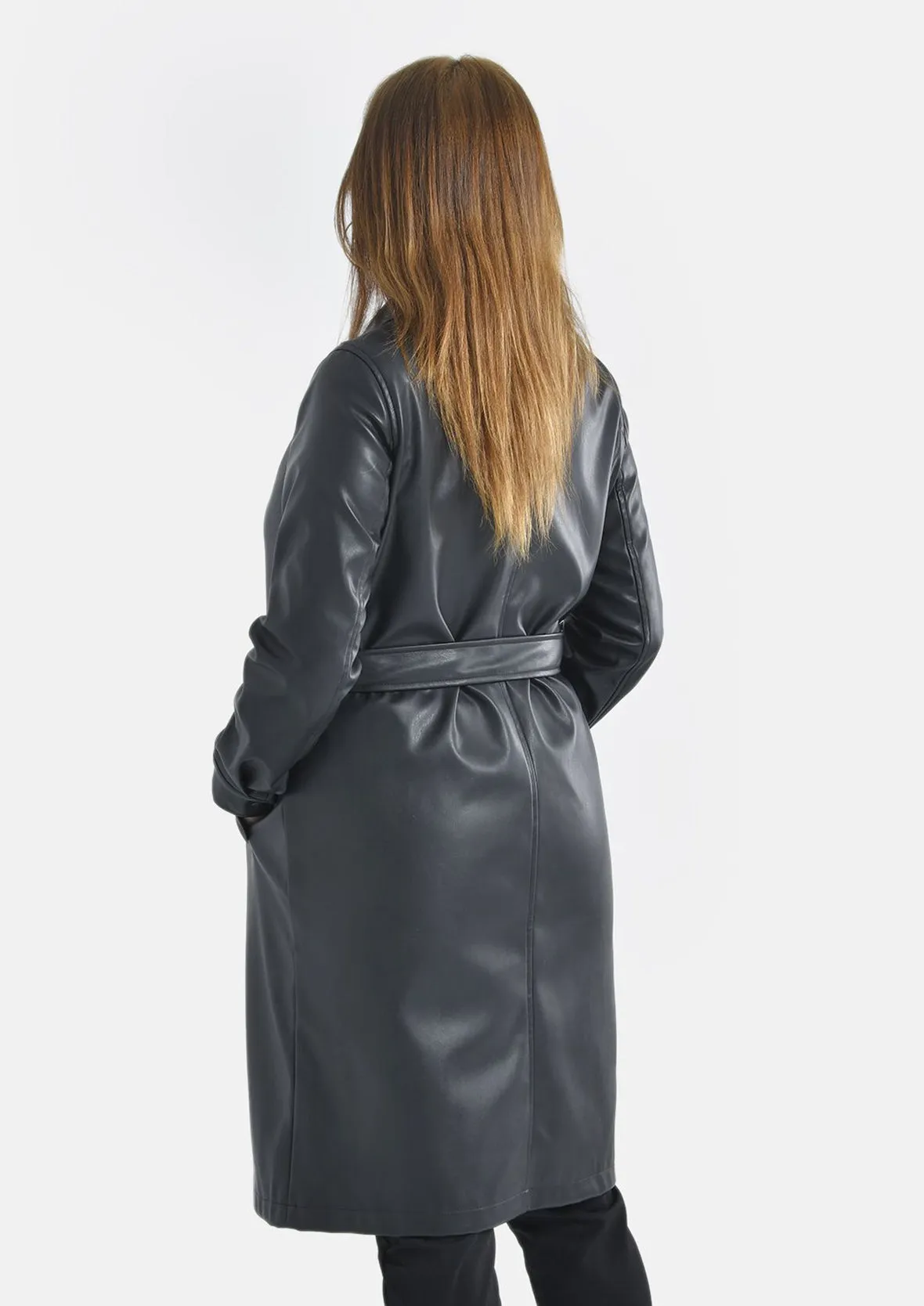 Faux Leather Coat With Tie Belt