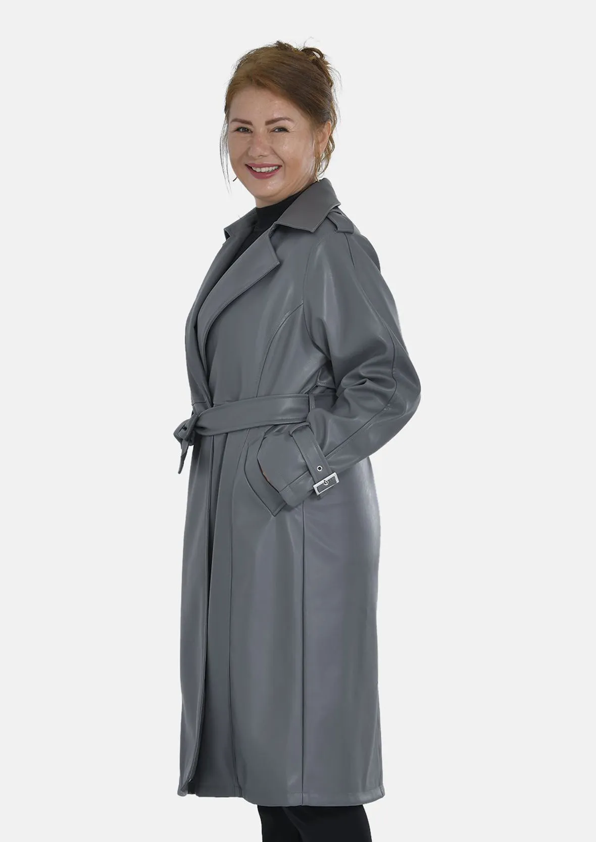 Faux Leather Coat With Tie Belt