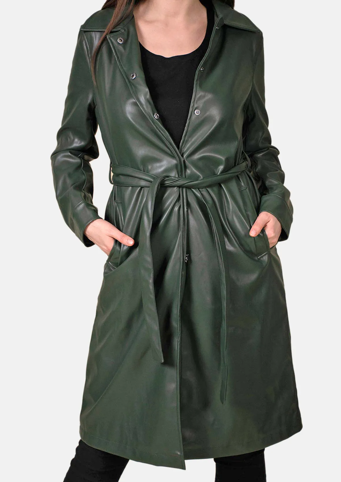 Faux Leather Coat With Tie Belt