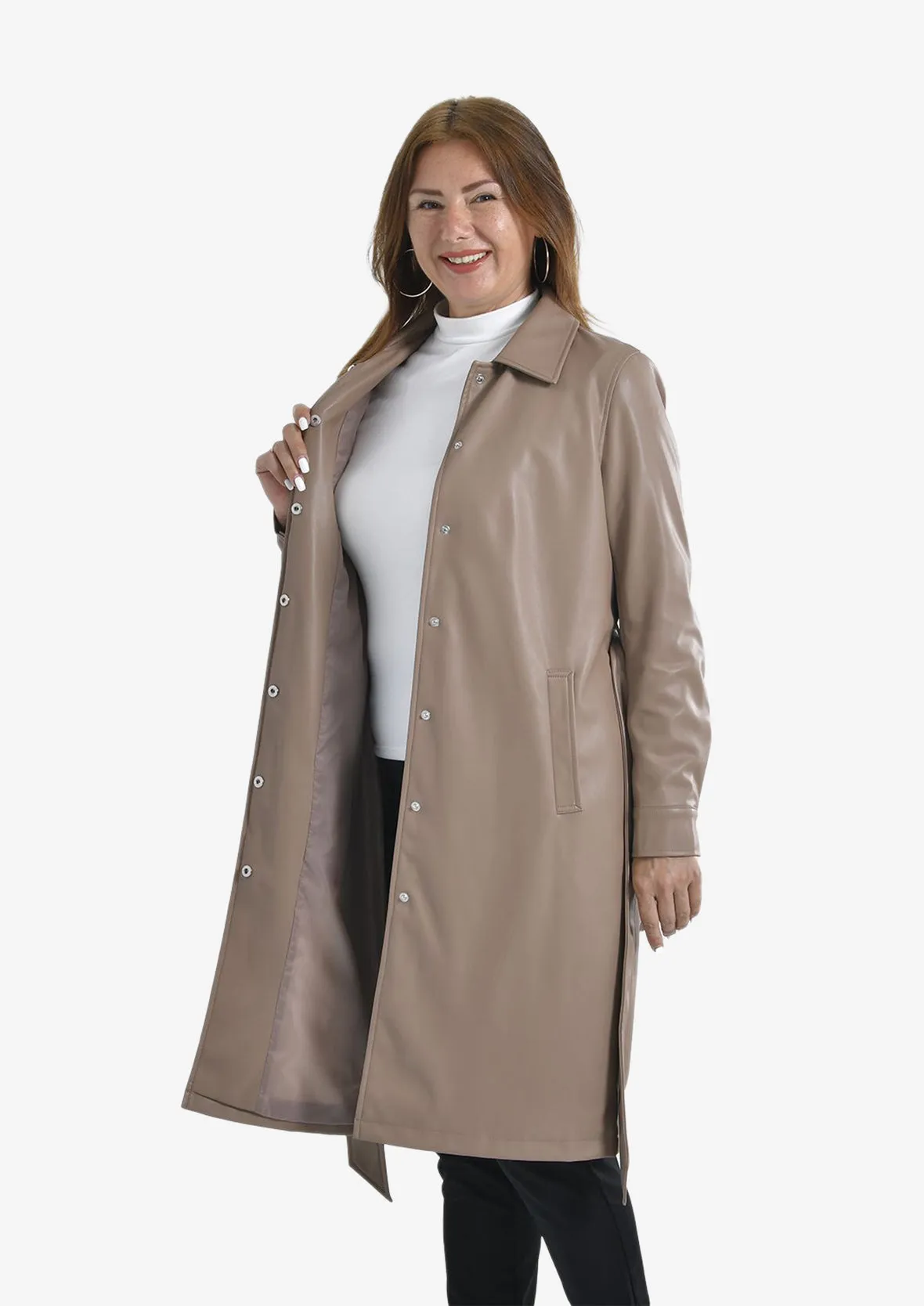 Faux Leather Coat With Tie Belt