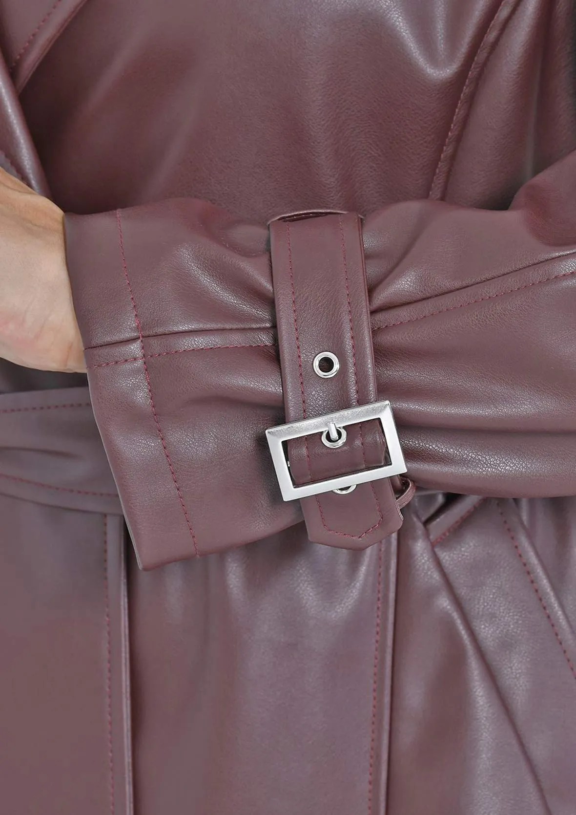 Faux Leather Coat With Tie Belt