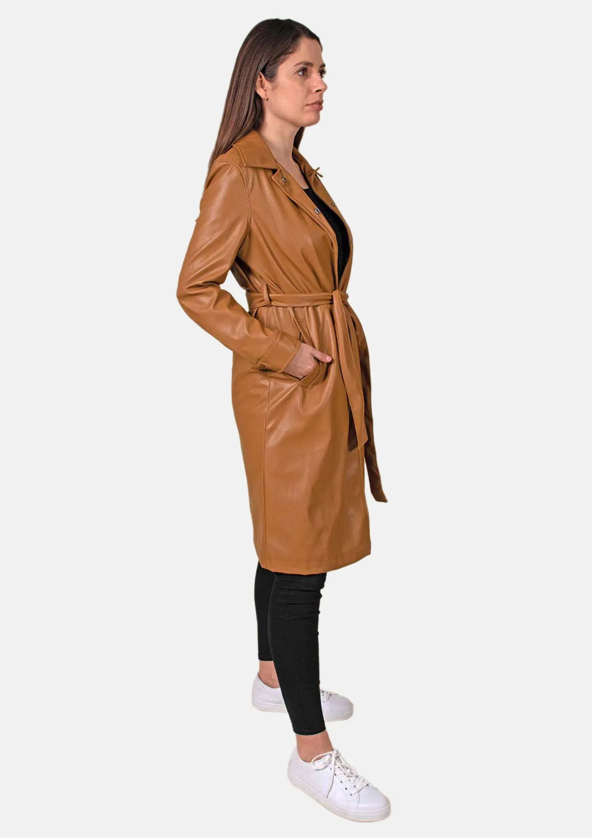 Faux Leather Coat With Tie Belt