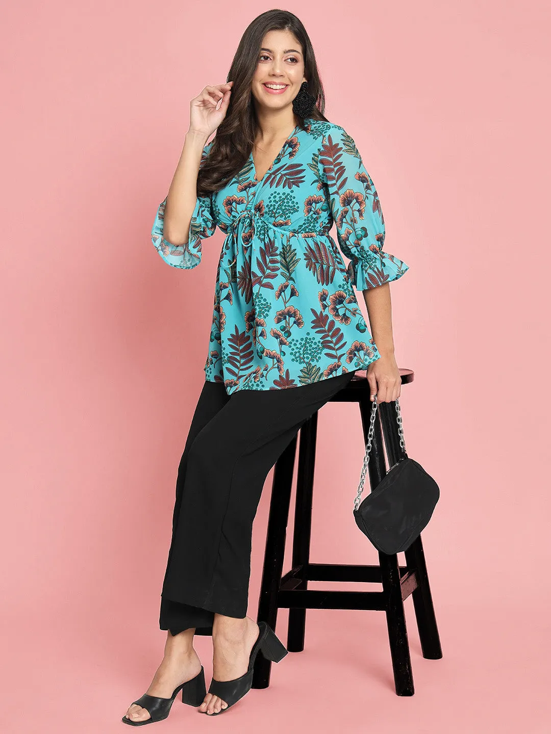 Floral Printed V-Neck Georgette Empire Kurti