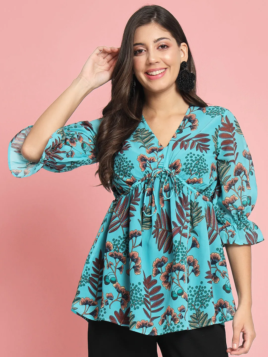 Floral Printed V-Neck Georgette Empire Kurti