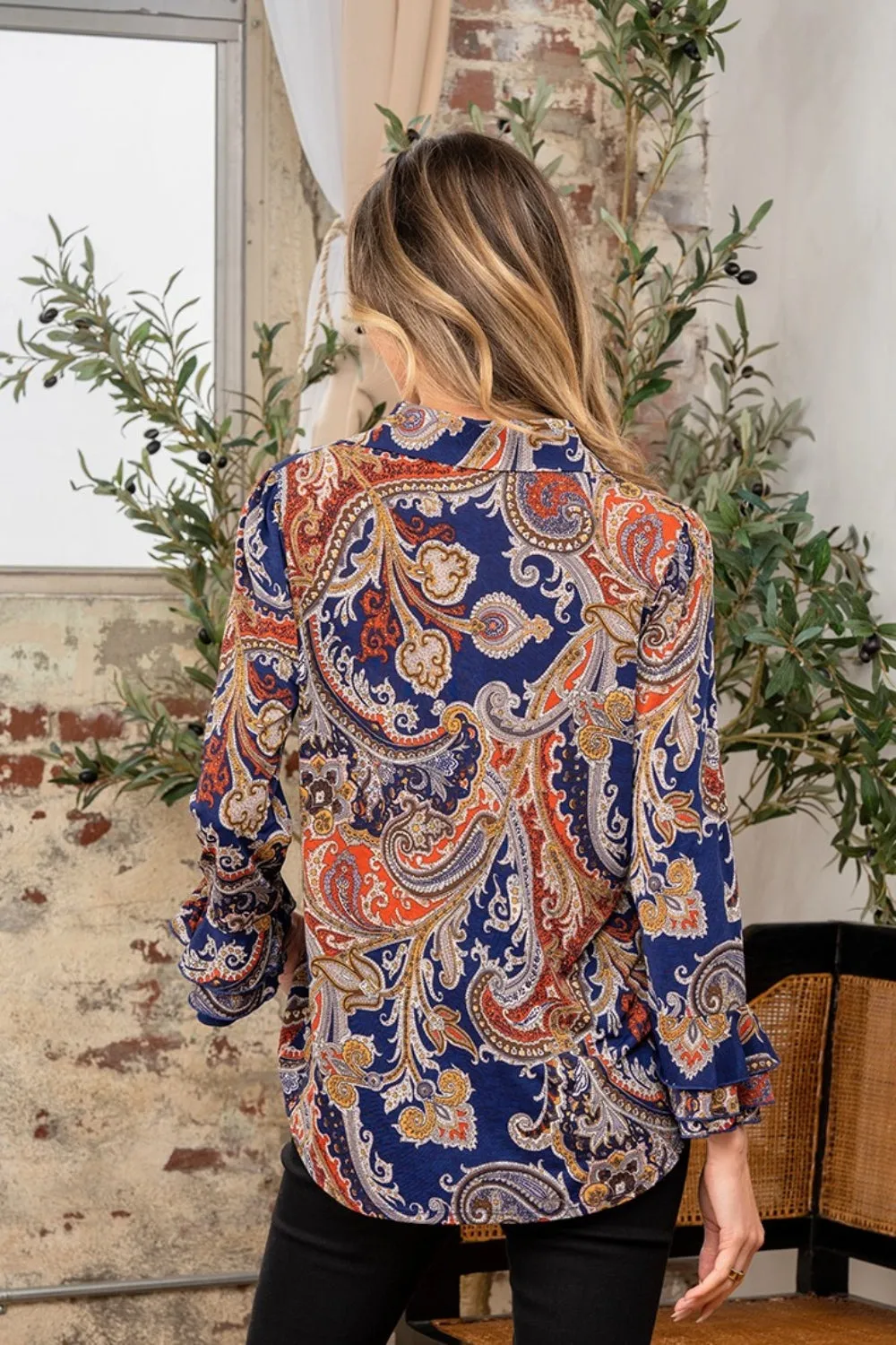 Full Size Wrinkle Free Paisley Print Long Sleeve Top