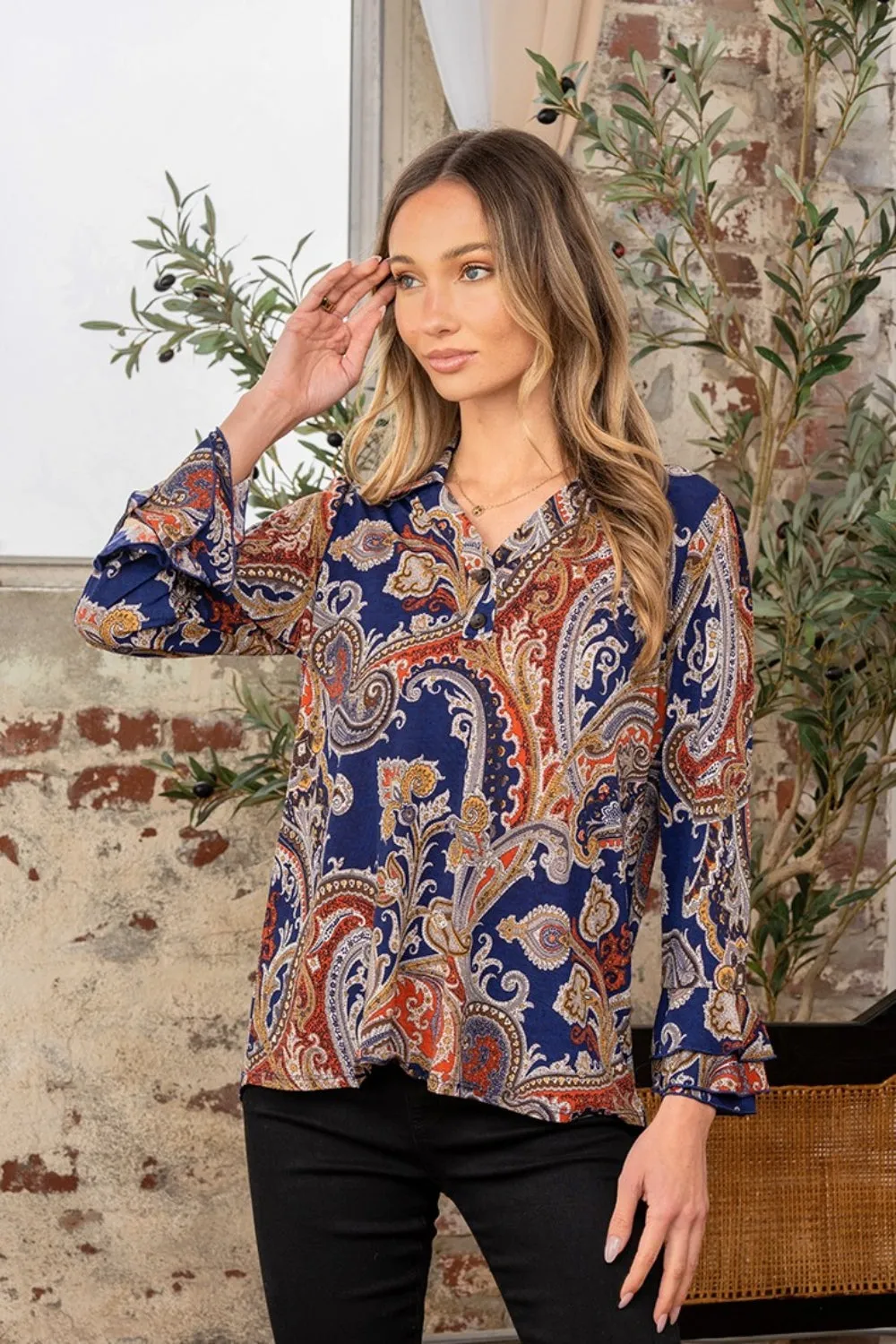 Full Size Wrinkle Free Paisley Print Long Sleeve Top