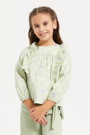 Girls Green Printed Long Sleeved Blouse With Frills