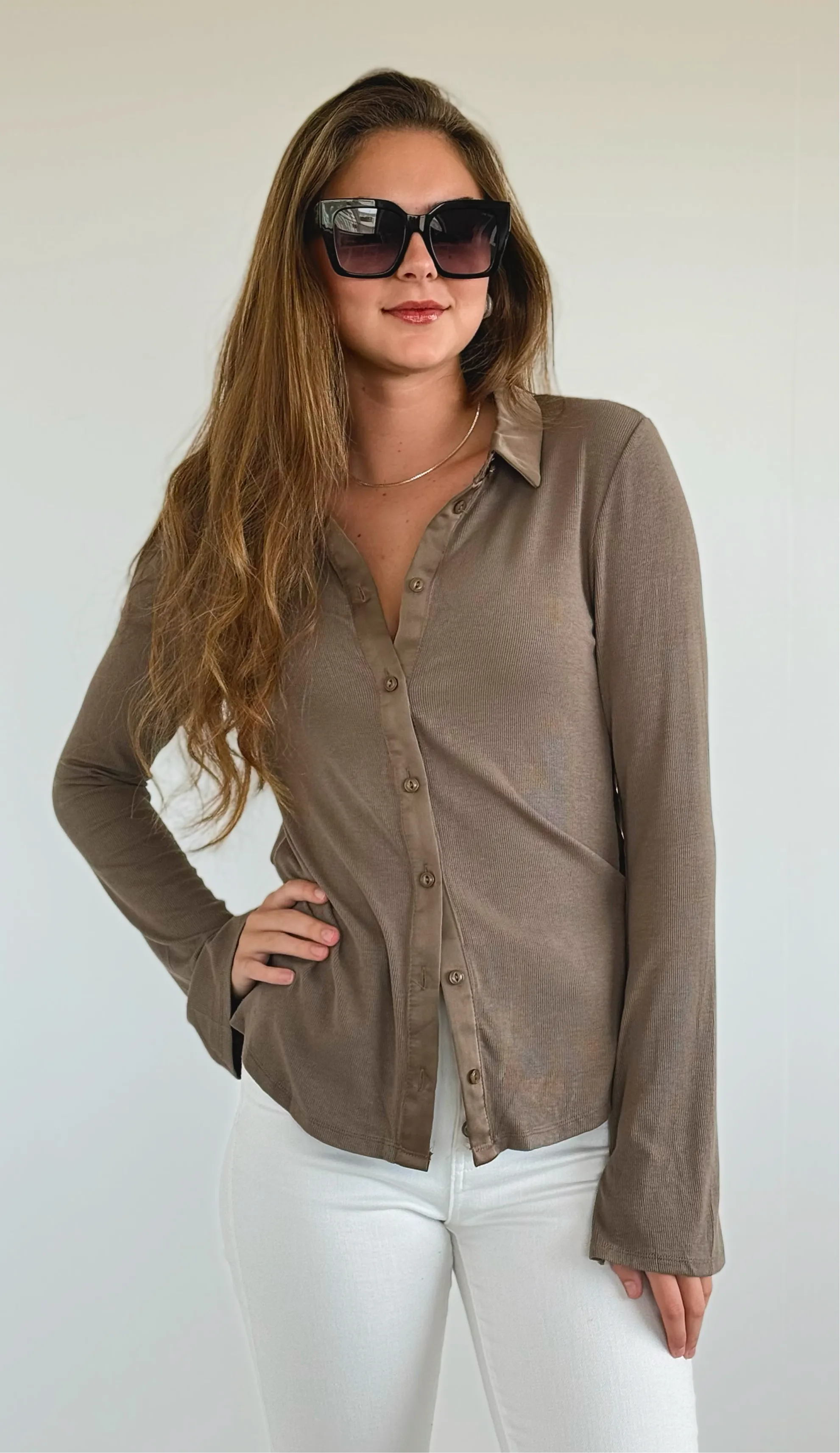 Glam Button-Up Top- Dark Taupe