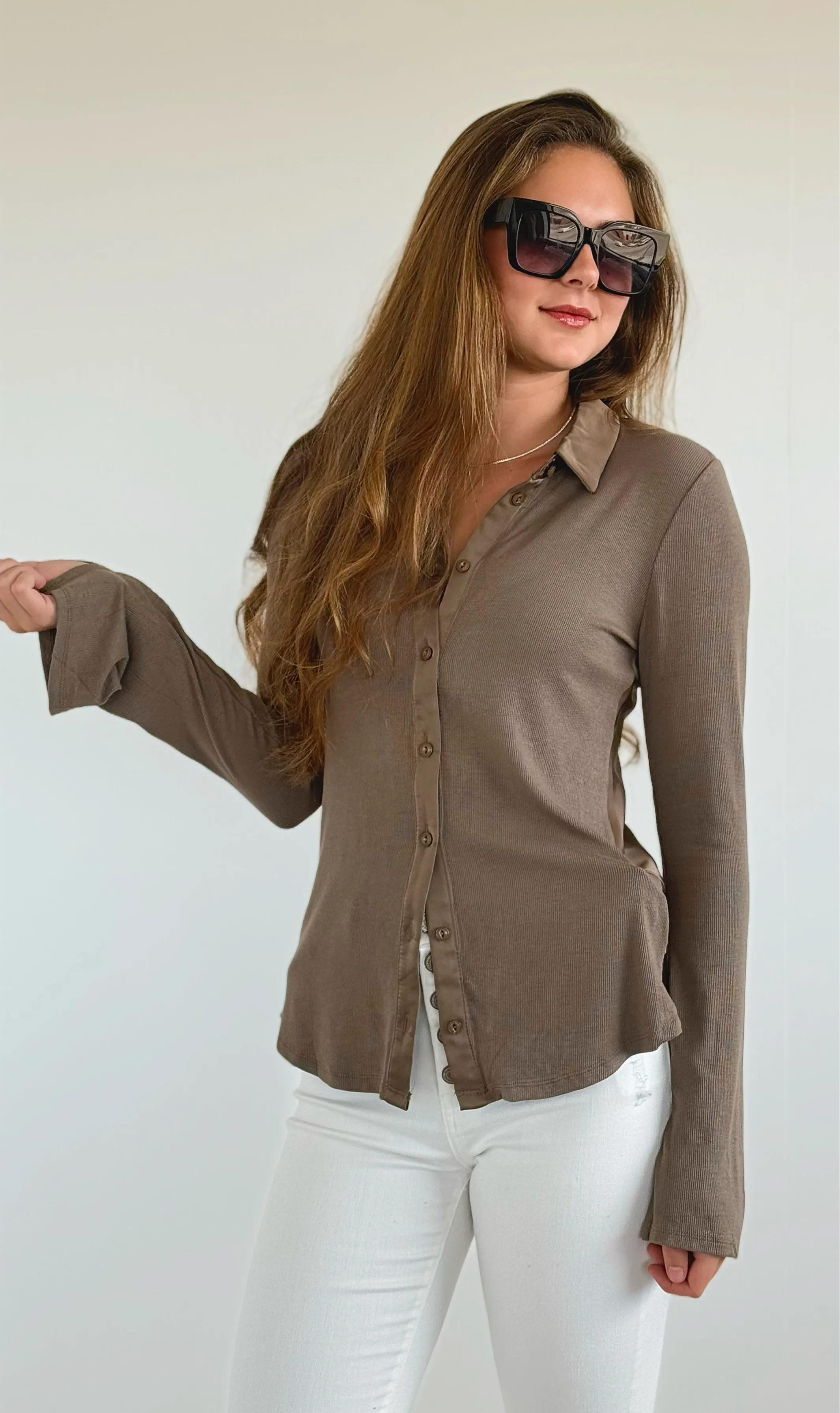 Glam Button-Up Top- Dark Taupe