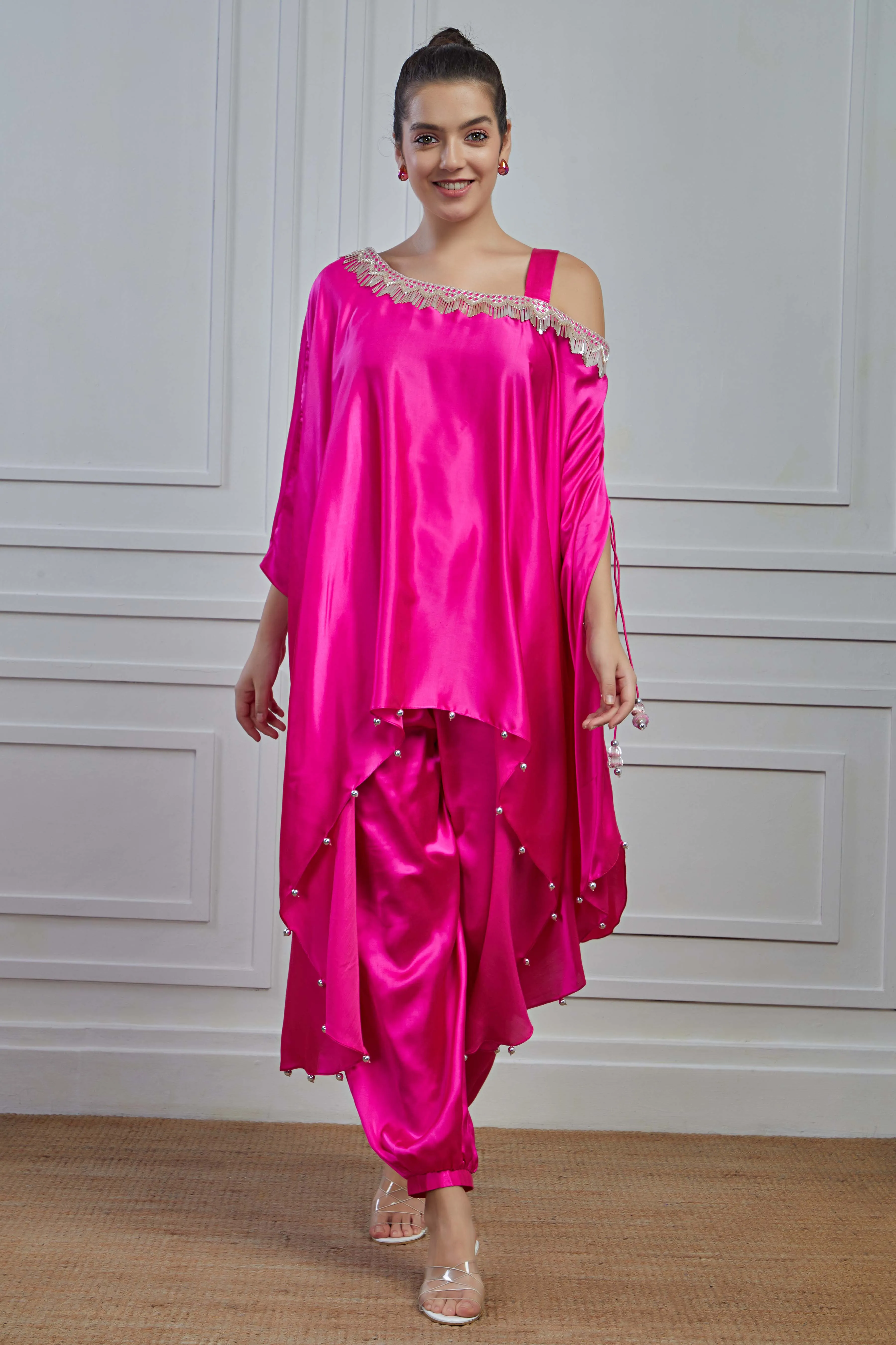 Glam Pink Embellished Satin Silk Tunic Dhoti Set