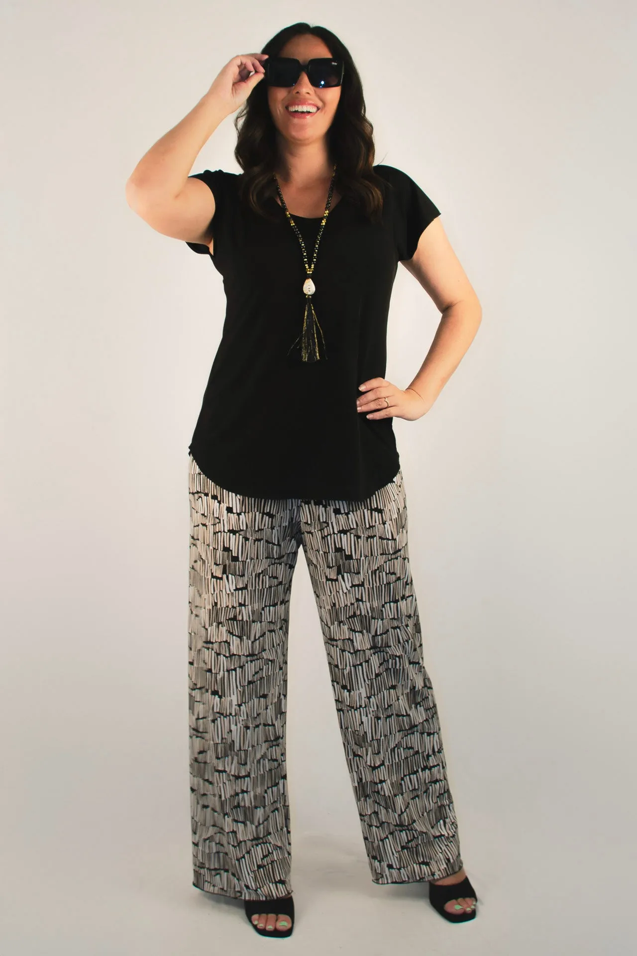 Grid Print Wide Leg Jersey Palazzo Pants