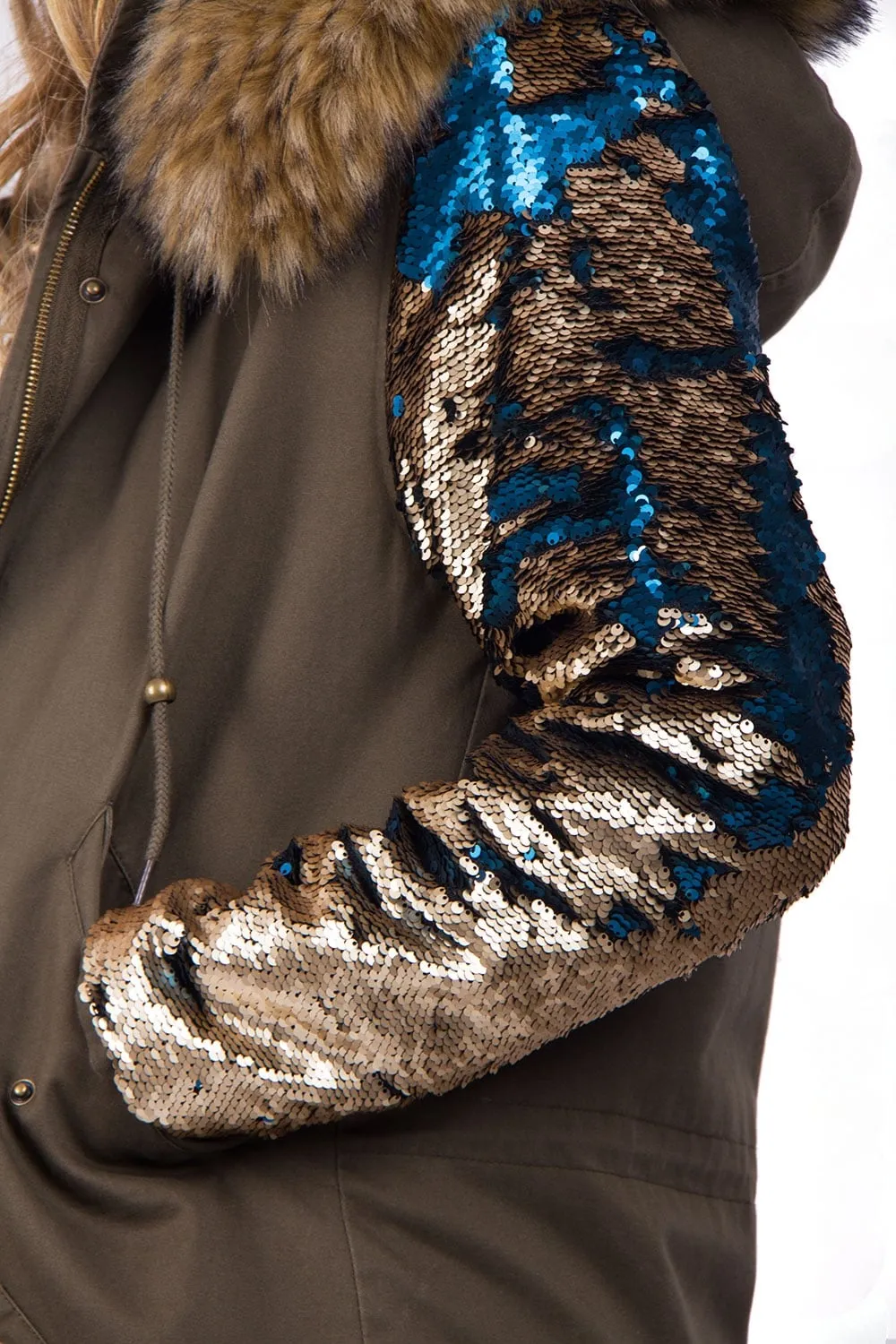 Hooded Two Sided Colour Change Sequin Arms Faux Fur Trim Fleece Parka Jacket Coat