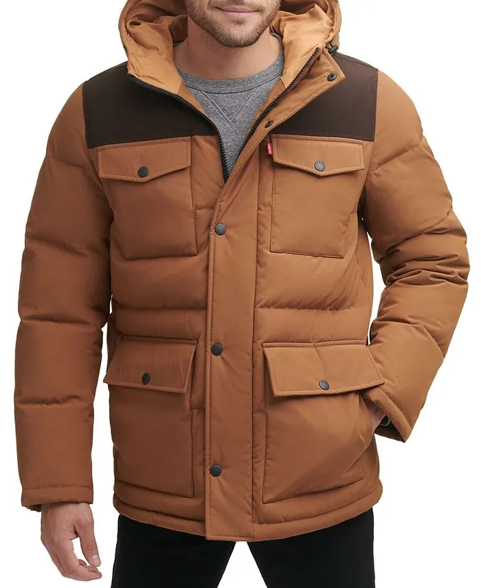 Levi's Men's Quilted Parka with Four Pockets and Hood, Brown