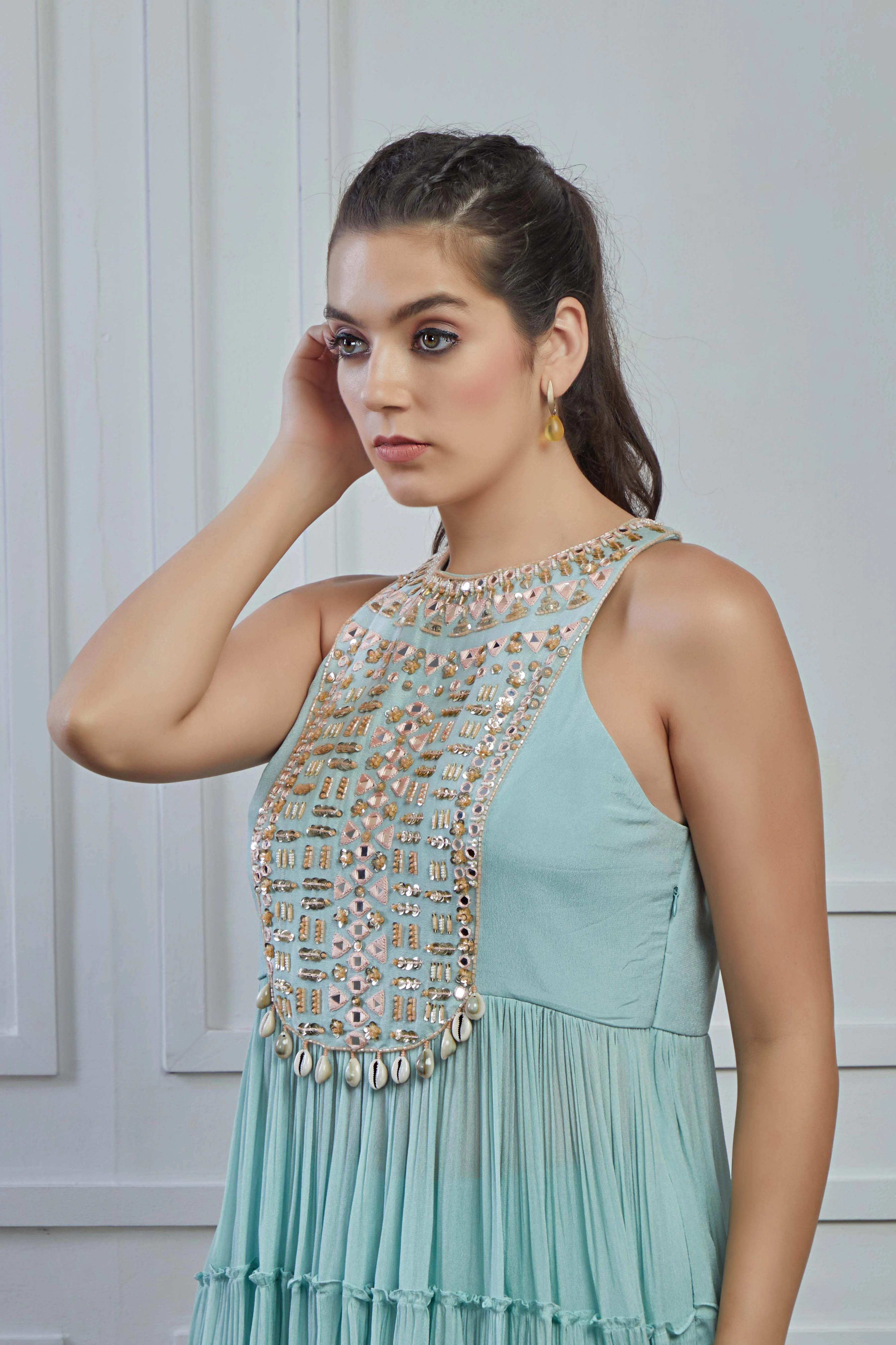 Light Turquoise Embellished Satin Silk Tunic Palazzo Set