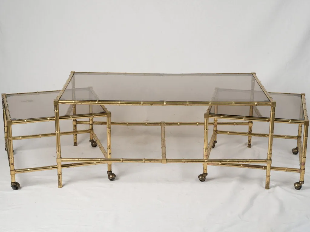 Maison Baguès Gilt Brass Faux Bamboo Coffee Table w/ Nesting Side Tables - Maison Baguès