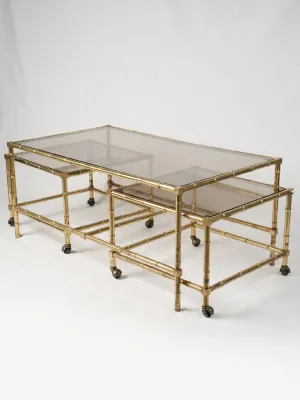 Maison Baguès Gilt Brass Faux Bamboo Coffee Table w/ Nesting Side Tables - Maison Baguès