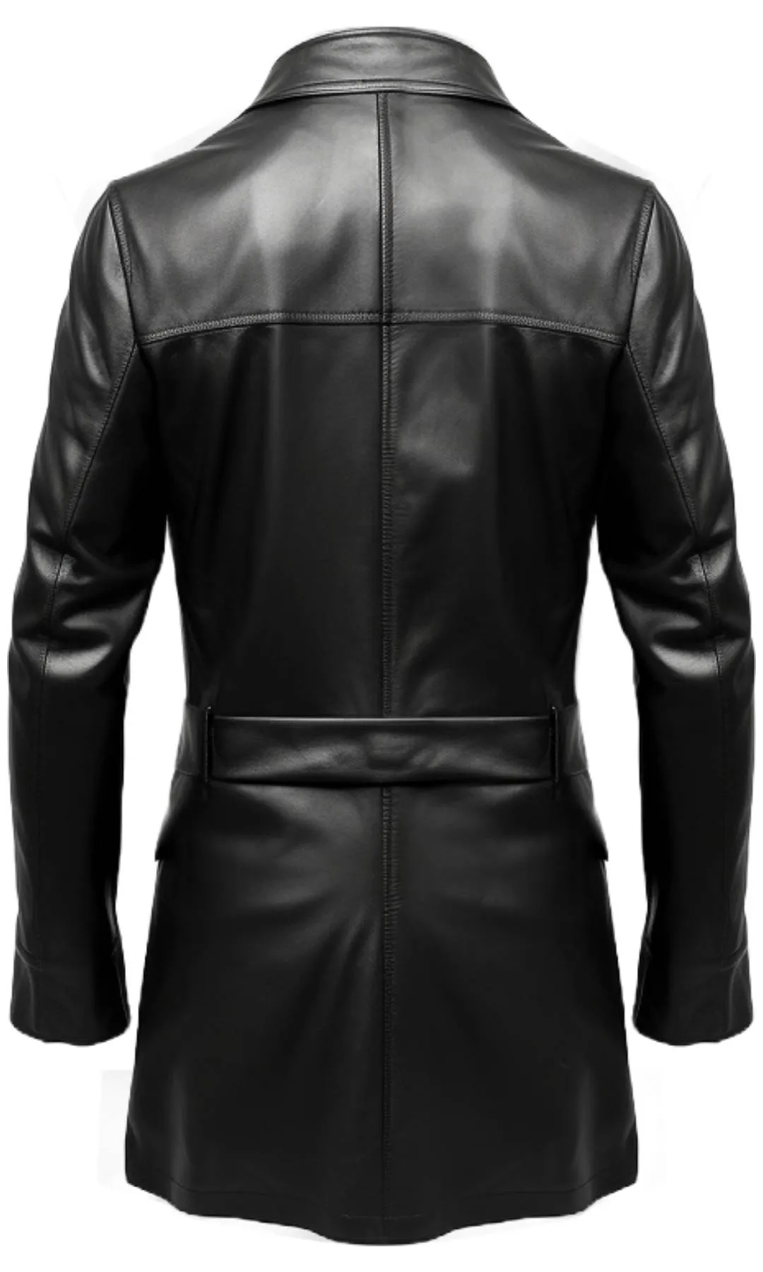 Men Flap Pockets Black Leather Coat