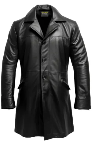 Men Flap Pockets Black Leather Coat