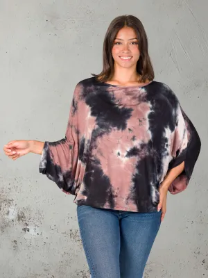 Mocha Tie Dye Batwing Sleeve Relaxed Fit Top