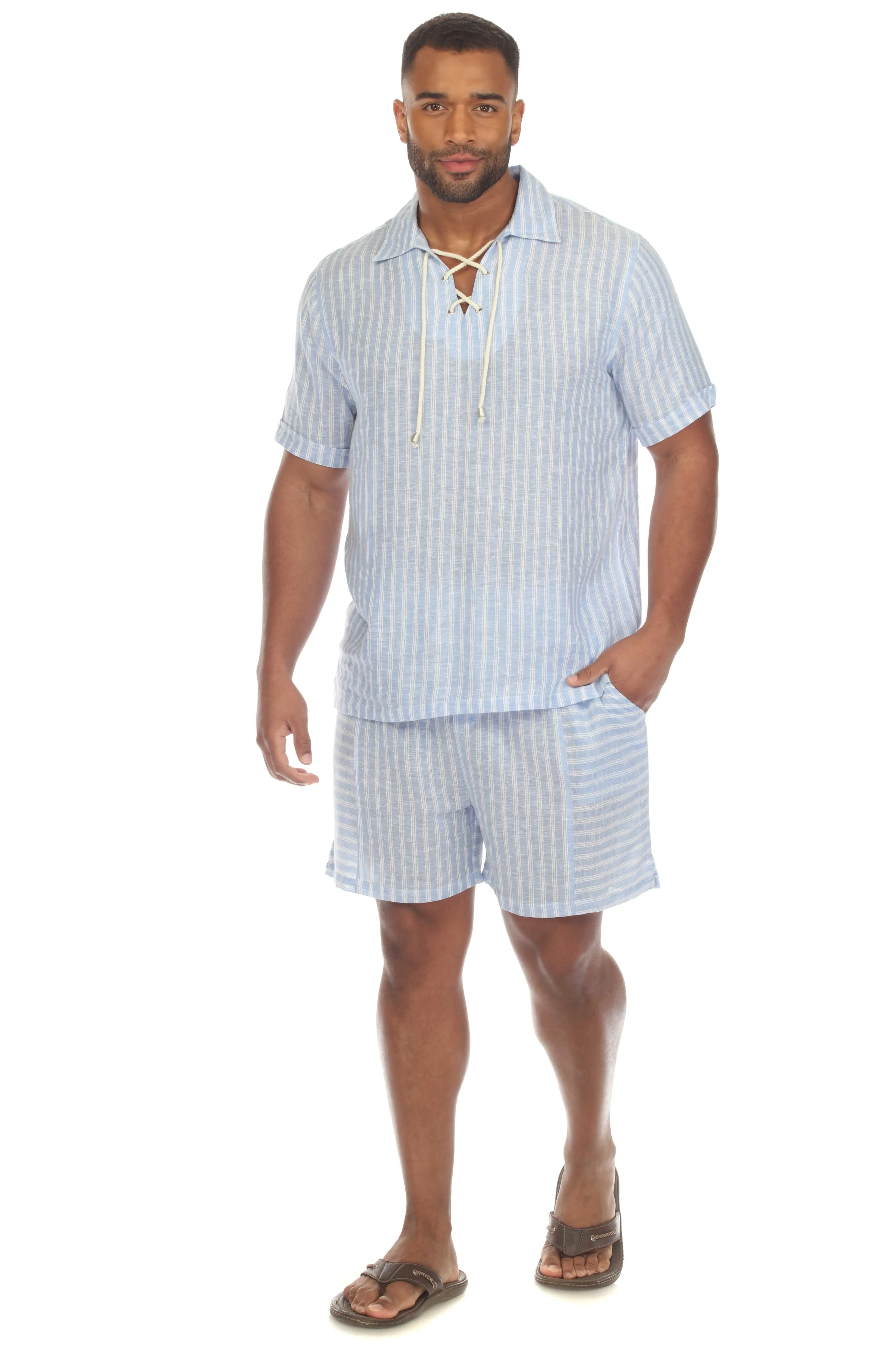 Mojito Men's Causal Beach Resort Wear Drawstring Shorts with Pinstripe Print Linen Blend