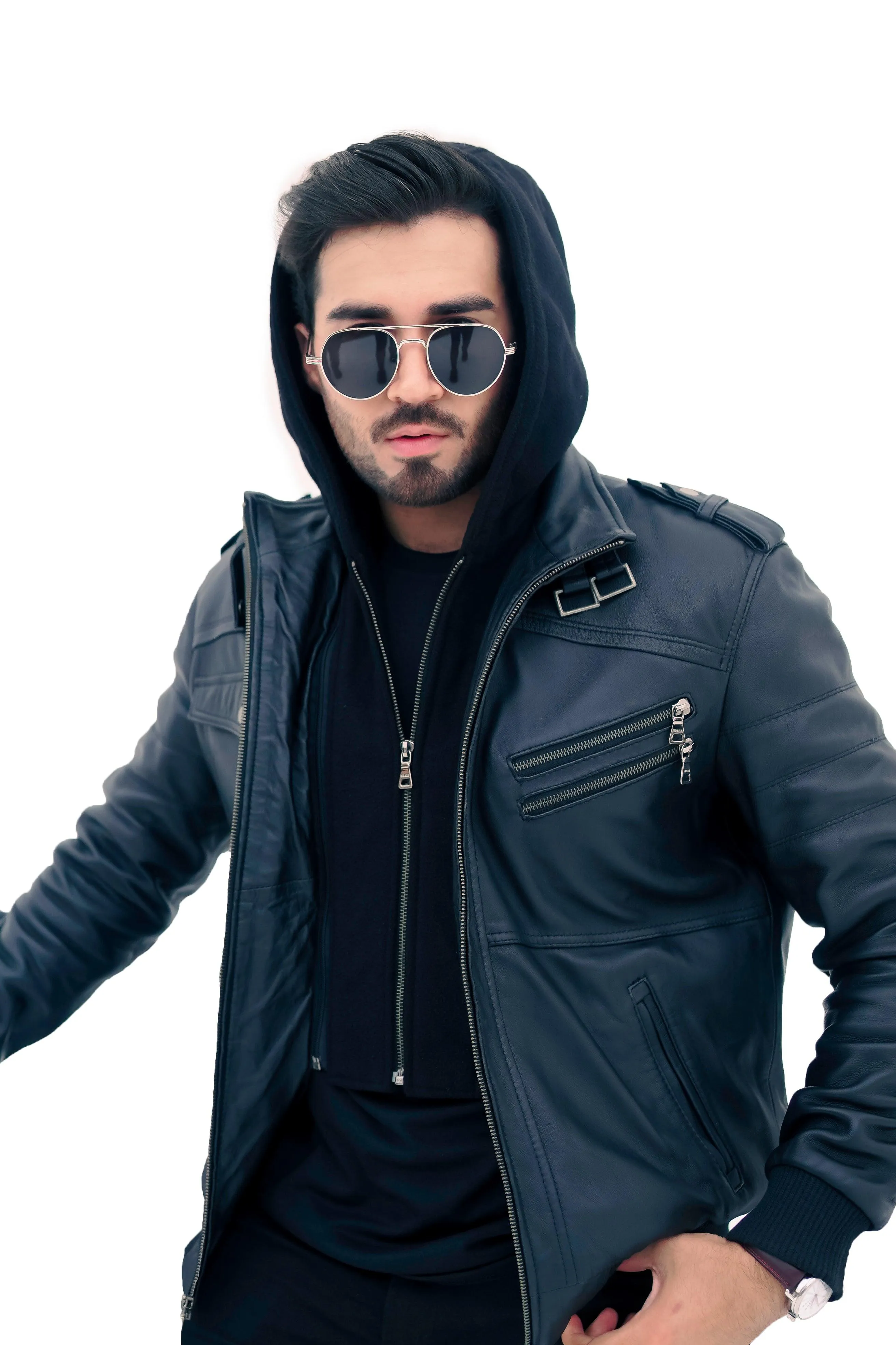 New Men's Genuine Real Leather Black Bomber Winter Hooded Jacket