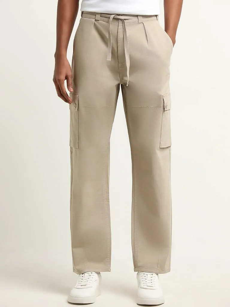 Nuon Beige Mid Rise Cotton Blend Relaxed Fit Cargo Pants