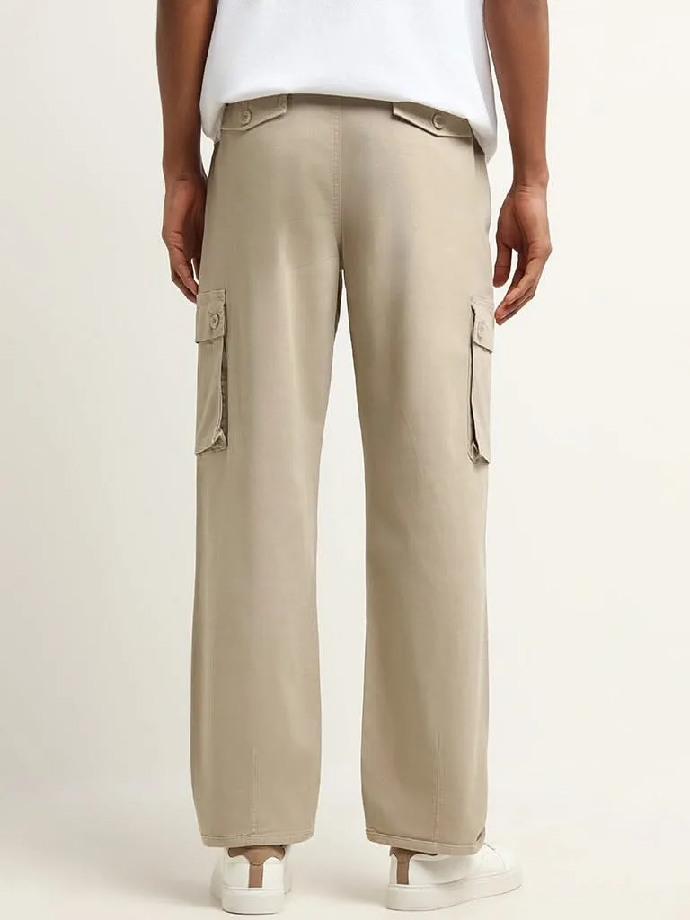 Nuon Beige Mid Rise Cotton Blend Relaxed Fit Cargo Pants