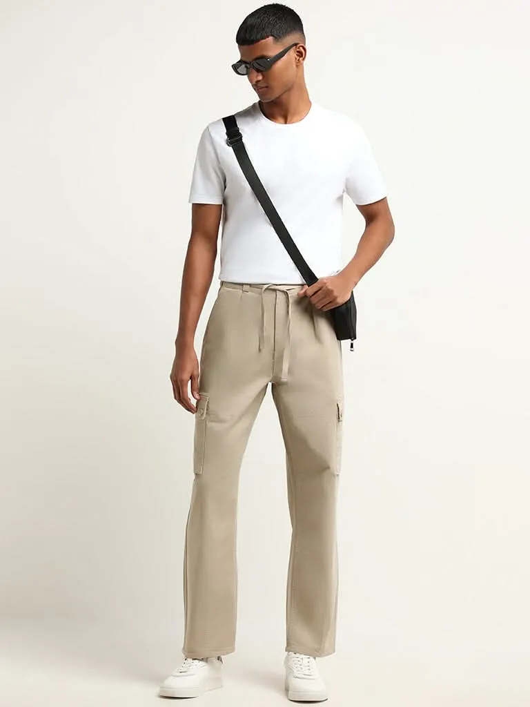 Nuon Beige Mid Rise Cotton Blend Relaxed Fit Cargo Pants