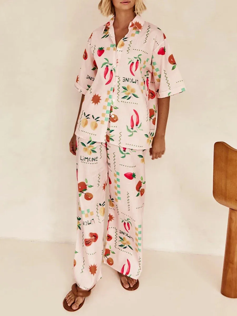 Pants Fruit Print Short Sleeve Elastic Waist Casual Chic Summer Pajamas