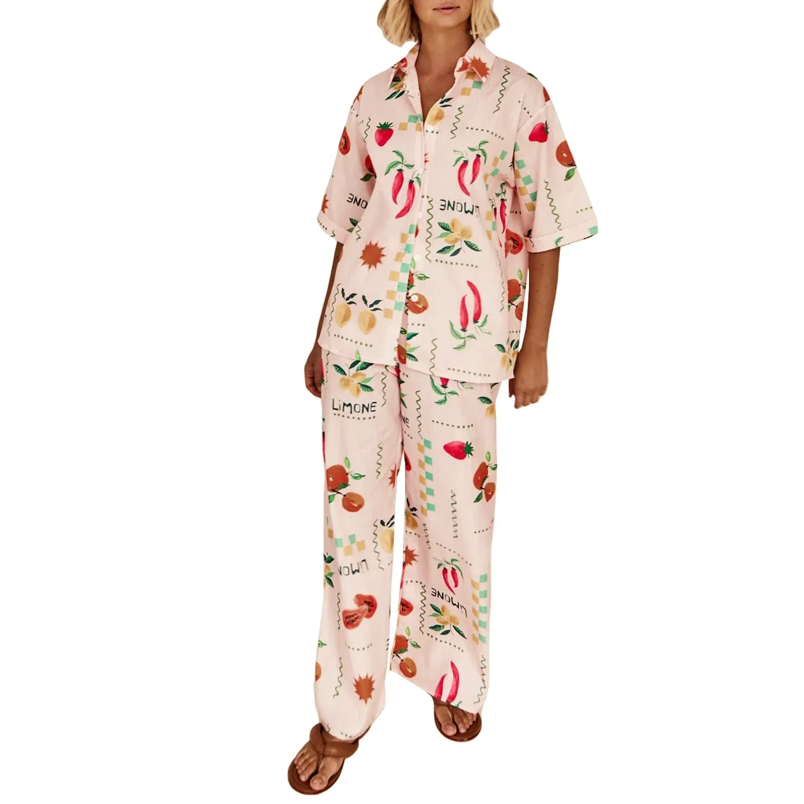 Pants Fruit Print Short Sleeve Elastic Waist Casual Chic Summer Pajamas