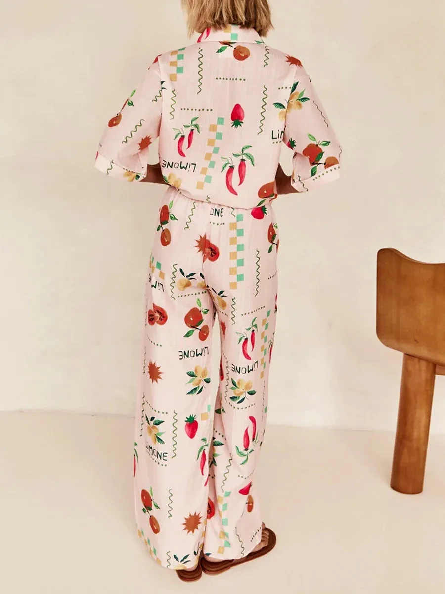 Pants Fruit Print Short Sleeve Elastic Waist Casual Chic Summer Pajamas