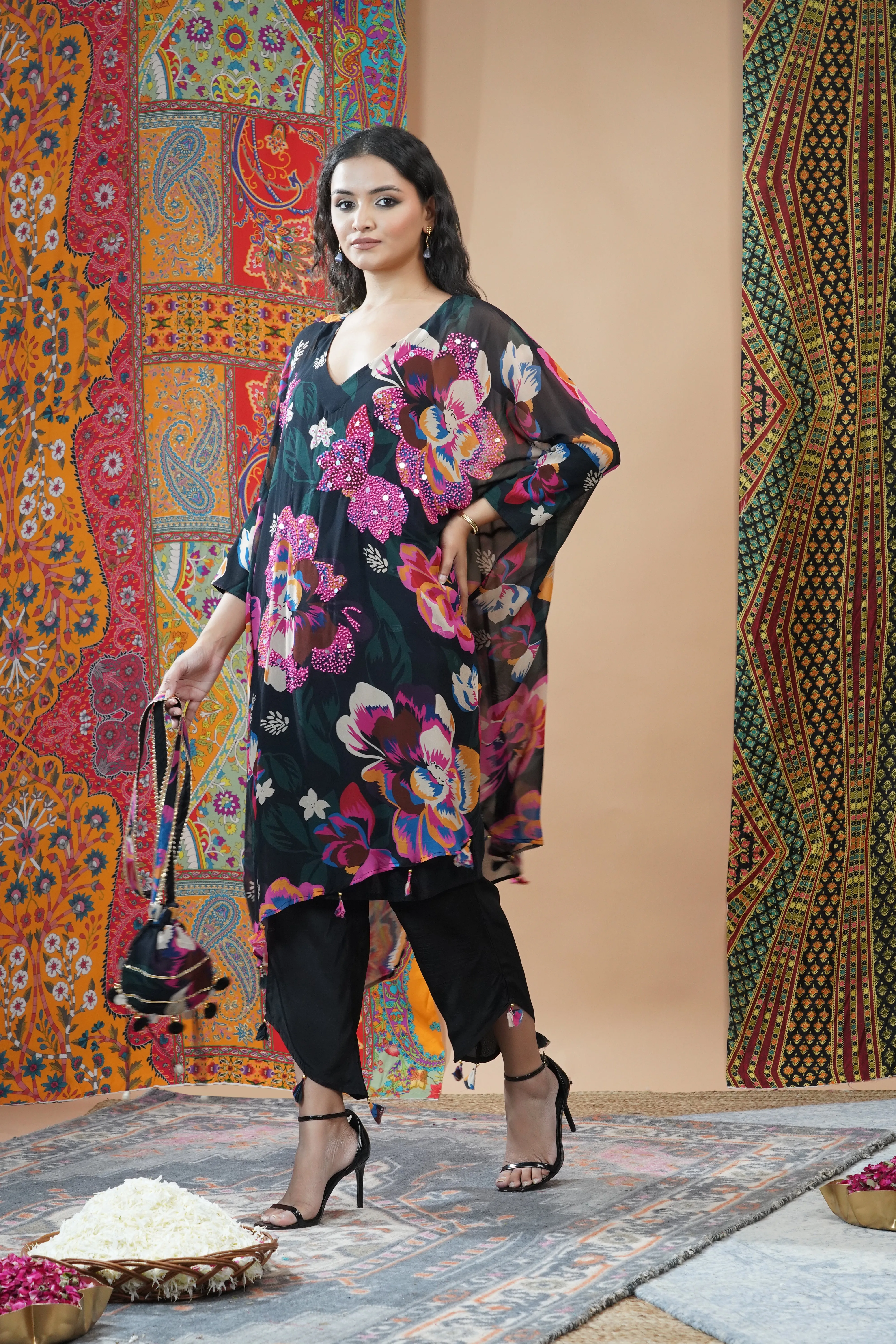 Pink Floral Printed Crepe Silk Kaftan Set