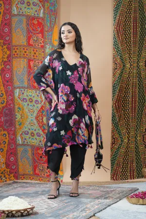 Pink Floral Printed Crepe Silk Kaftan Set