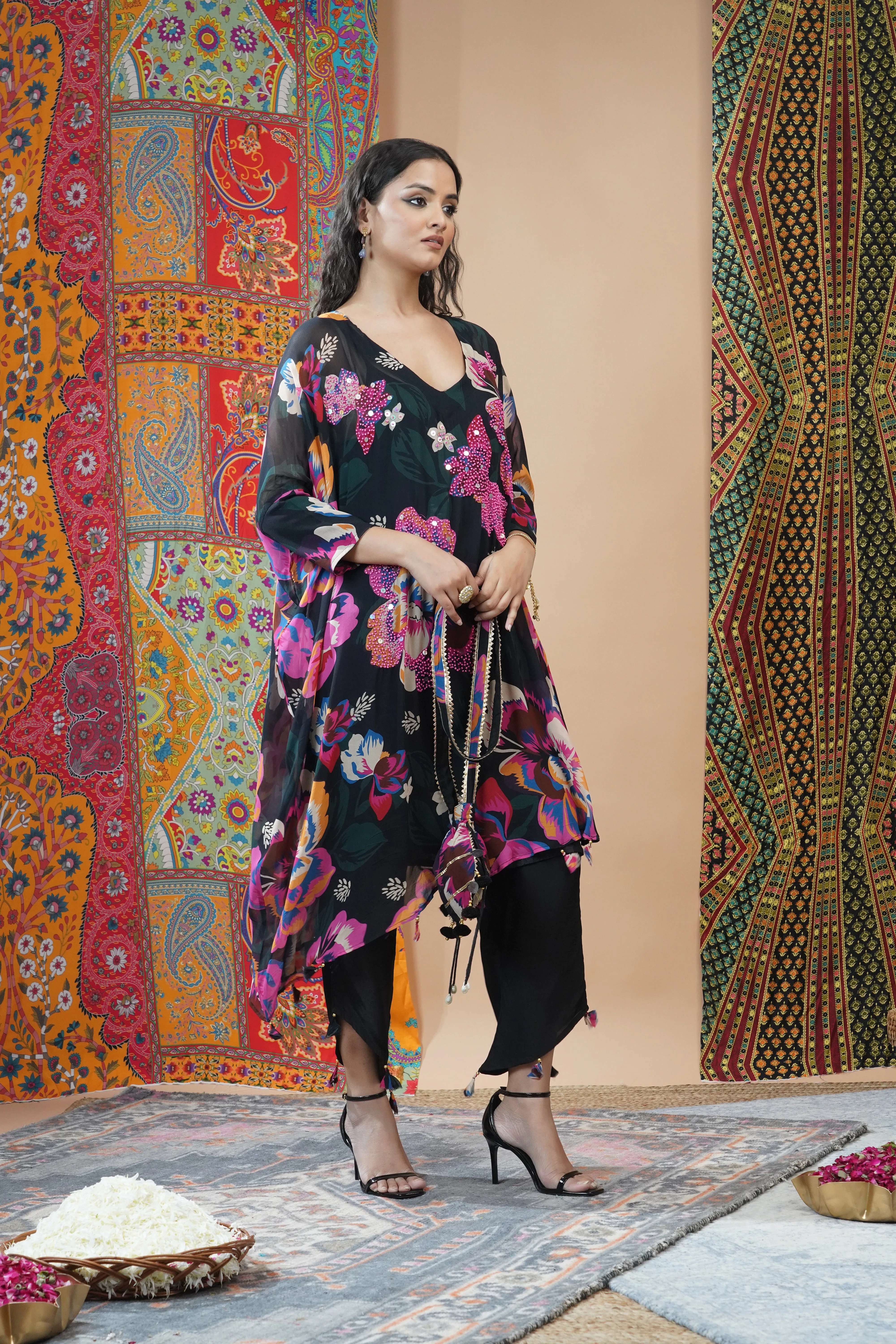 Pink Floral Printed Crepe Silk Kaftan Set