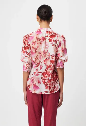 SANIBEL EMBROIDERED COTTON SILK TOP IN FLAMINGO FLOWER