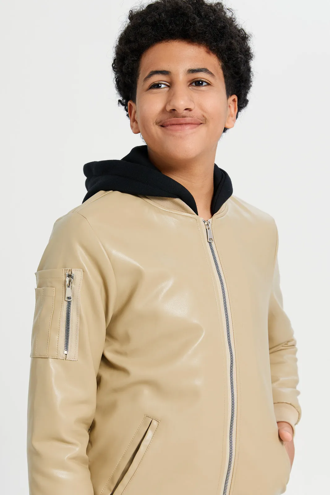 Senior Boys Beige Hooded Jacket