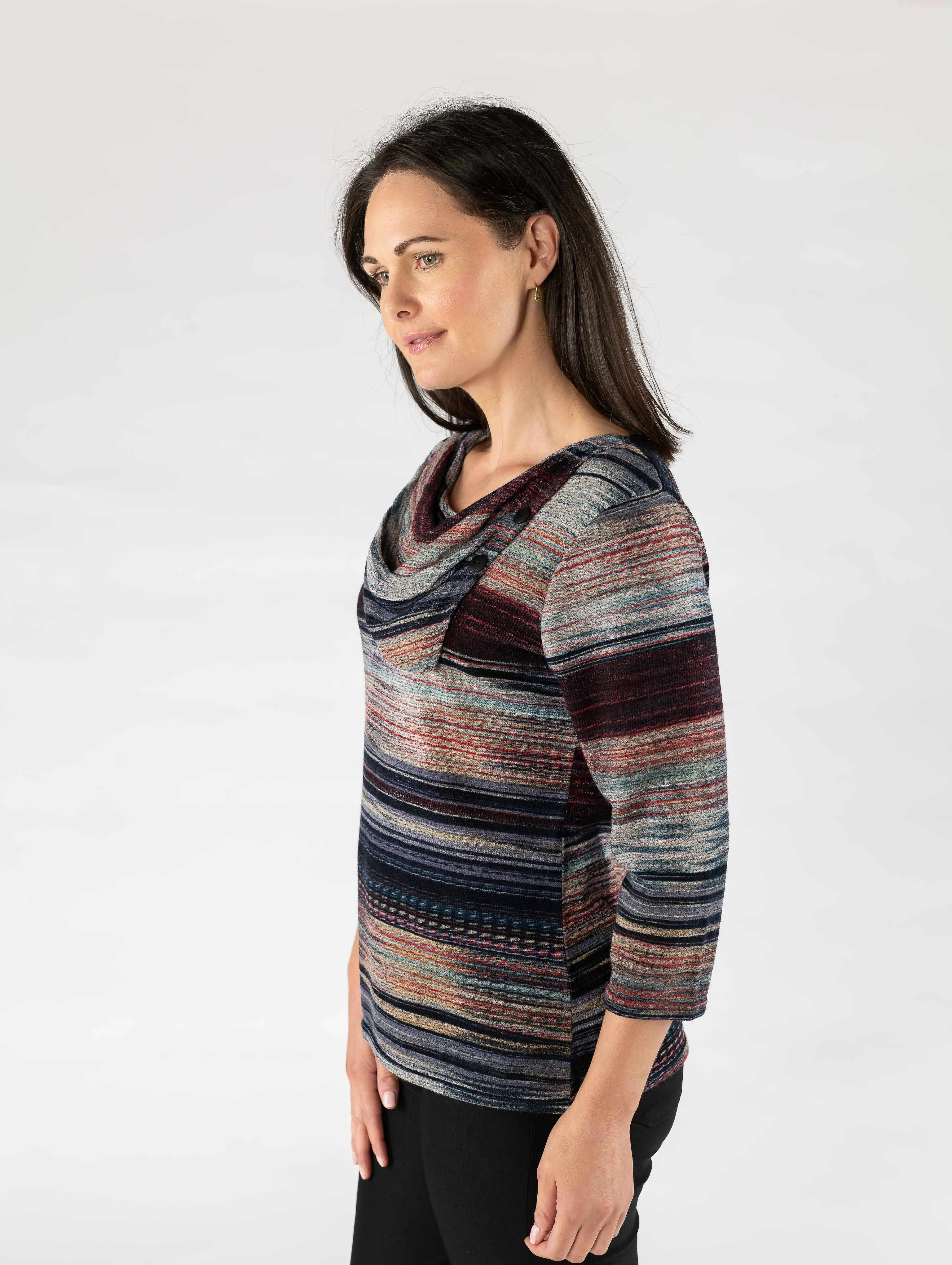 Stripe Print Brushed Top with Cowl Neck TO29112